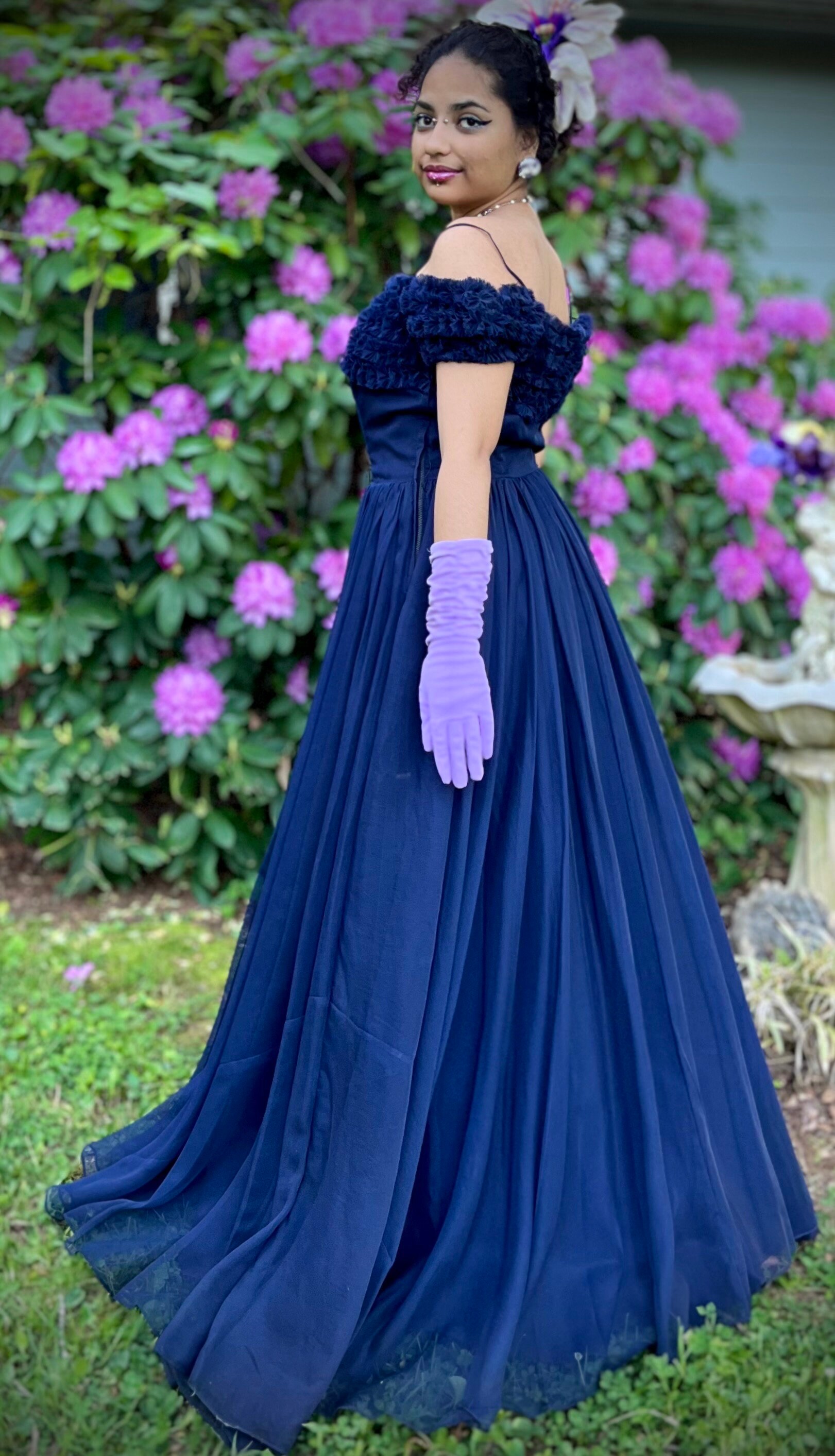 Stunning 1940s off Shoulder Tulle Ball Gown Ink Blue ~ Old Hollywood Evening Dress ~ Vintage Bridal Alternative ~ Complete Ensemble