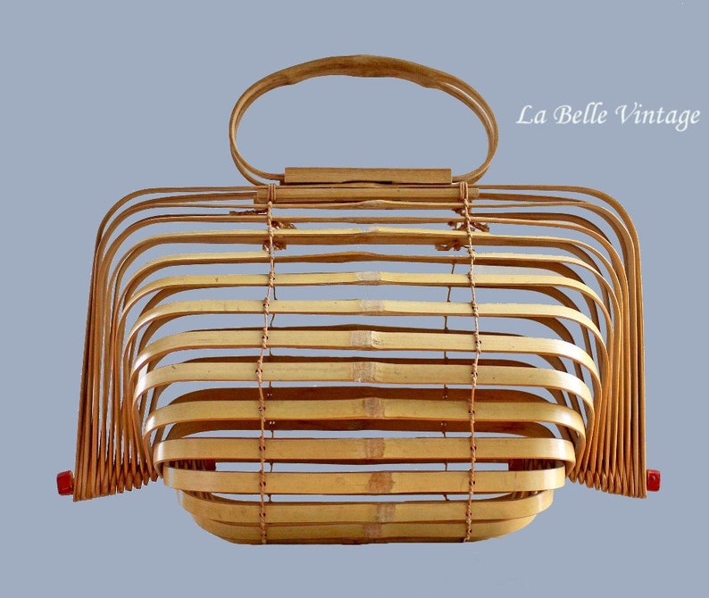 Vintage 40s Bamboo Accordion Purse 1940s Fish Basket Folding Bag Occupied Japan Slat Handbag image 1