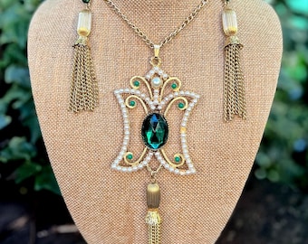 Vintage HUGE Sculptural Pendant Necklace & Tassel Fringe Earrings ~ Dodds Vintage 6” Statement Set ~ Emerald Rhinestones + Faux Pearls