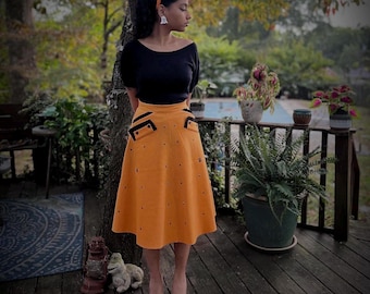 Vintage 1950s Orange Full Skirt XS S with Velvet Trim ~ Matching 50s Headband Set