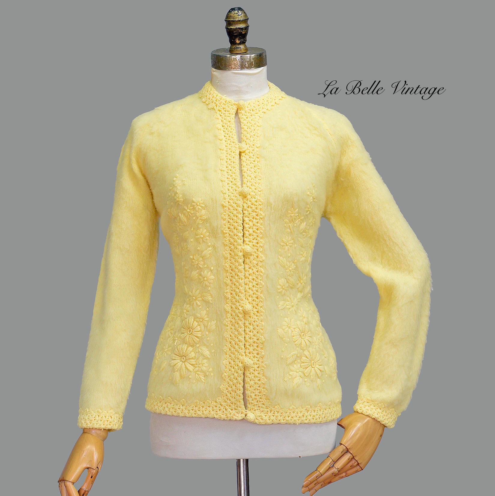 Yellow Angora Fuzzy Yellow Angora Cardigan L ~ Vintage Fluffy Hand Crafted Knitted ...