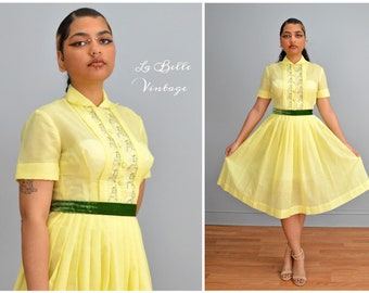 Yellow Sunshine Dress ~ Charming Vintage 1950s Shirtdress S ~ Toni Todd Sheer Embroidered Dress