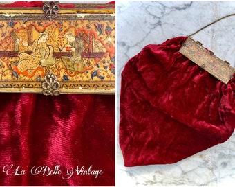 The Love Purse ~ Saks Fifth Avenue Vintage 1930’s Red Silk Velvet ~ Carved Hand Painted Lovers Celluloid & Brass Closure ~ Made in France