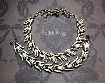 1950s CORO Ceres Necklace & Bracelet Set ~ Ivory Enamel Tulips Rhinestone Demi Parure ~ Book Piece
