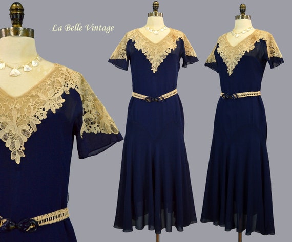 1930s Chiffon Dress S Antique Point de Gaze Vinta… - image 1