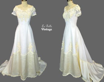 William Cahill Off Shoulder Wedding Dress XS ~ Vintage Guipure Lace Bridal Gown ~ Covertible Bustle/Train with Matching Slip