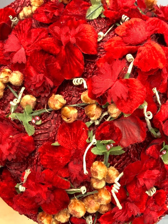 Red Velvet Berries Hat ~ Vintage 50s Plaited Straw Floral Chapeau ~ Birdcage Veil ~ Ethel Frank of NY View 6