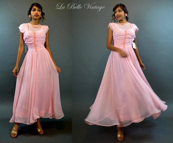 40s Sheer Gown XS Vintage Pink Ruched Party Dress