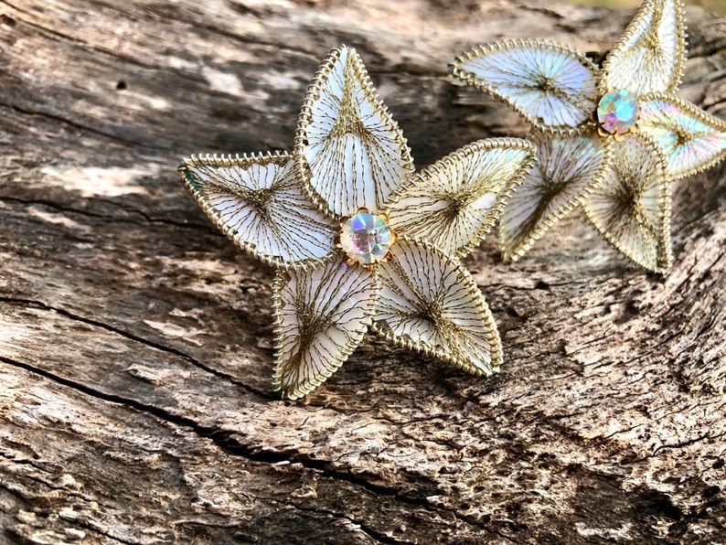 Novelty Starfish Earrings Wrapped Gold Tinsel Vintage 1940s Large Ivory Earrings image 2