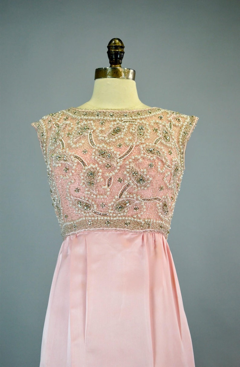 Extravagant Beaded Silk Bustle Gown XS S Vintage 1960s Pink Bejeweled Dress Rhinestone Pearls Makoff image 3