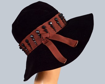 1950s Black Velvet Hat ~ Vintage Wide Brim Cocktail Hat ~ Beaded Church Hat ~ Christine Originals