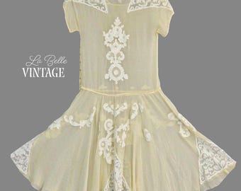 1920s Ivory Sheer Silk Flapper Dress XS ~ Antique Hand Appliqué Lace ~ Ethereal Gatsby Bridal Tea Dress