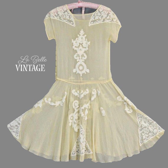 ivory flapper dress 1920s Sheer Silk XS ~ Antique Hand Appliqué Lace ~ Ethereal Gatsby Bridal Tea Dress cf-color-white