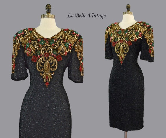 Colorful Sequin Cocktail Dress L Vintage Black Be… - image 1