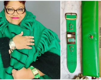 Original 1960’s MOD Green Suede Watch Set ~ Interchangeable Blue Suede Band ~ Prince Gardner Unused New In Box with Purse