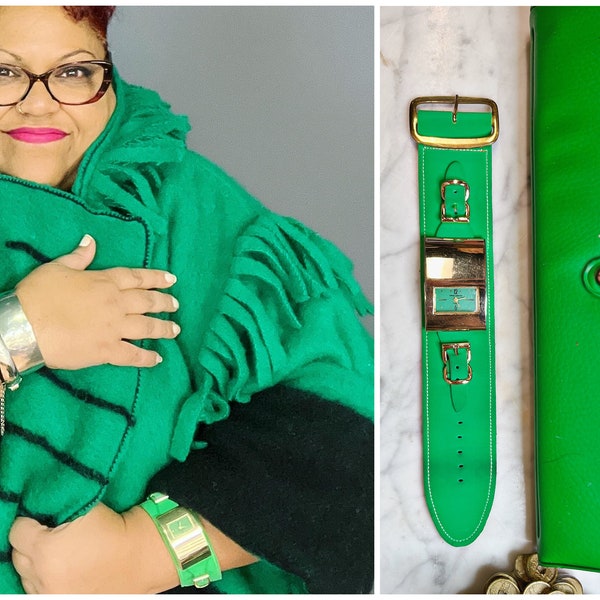 Original 1960’s MOD Green Suede Watch Set ~ Interchangeable Blue Suede Band ~ Prince Gardner Unused New In Box with Purse