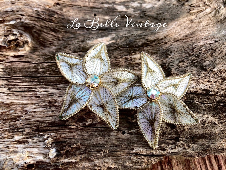 Novelty Starfish Earrings Wrapped Gold Tinsel Vintage 1940s Large Ivory Earrings image 1