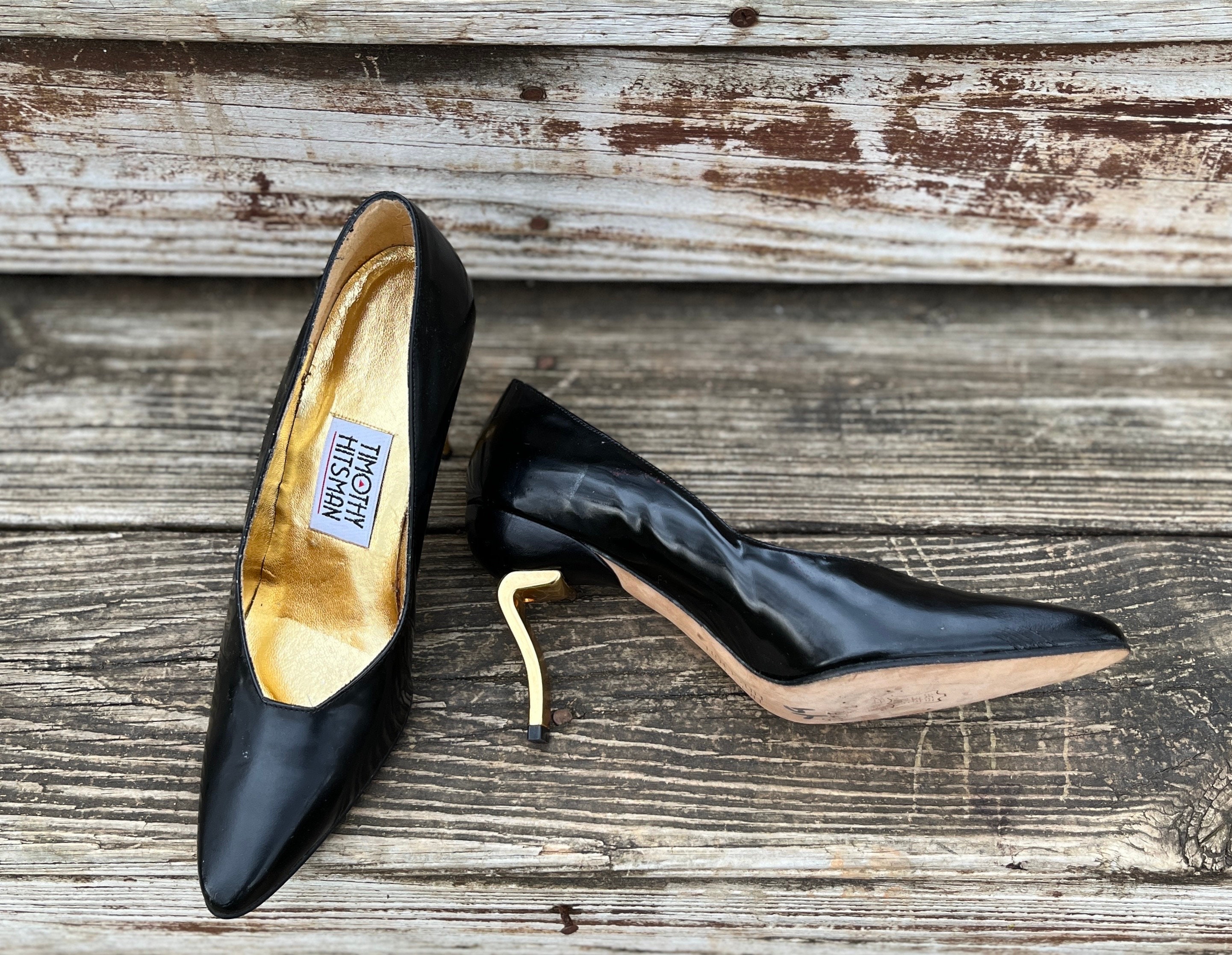 Curved Gold Heel Shoes US 7.5 UK 5.5 ~ Vintage 3.5 High Heel Black Patent  Pumps ~ Timothy Hitsman - Etsy, image size:2882x2235