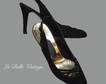 1950s Black Suede Stiletto Heels Size 9 ~ Vintage 50s Slingback Pumps ~ Bombshell Pinup Velvet Shoes