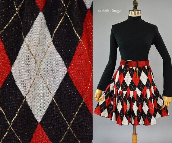 Argyle Mini Skirt XL Vintage Red Black Metallic Go