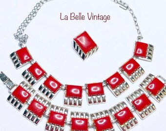 1950s Red Thermoset Jewelry Set ~ Atomic Vintage Glamour ~ 50s Retro Statement Necklace Bracelet Brooch