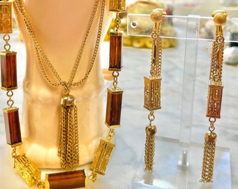 Emmons Asian Lantern & Tassel Fringe Earrings Necklace Set ~ Vintage Faux Tortoiseshell and Gold Demi Parure