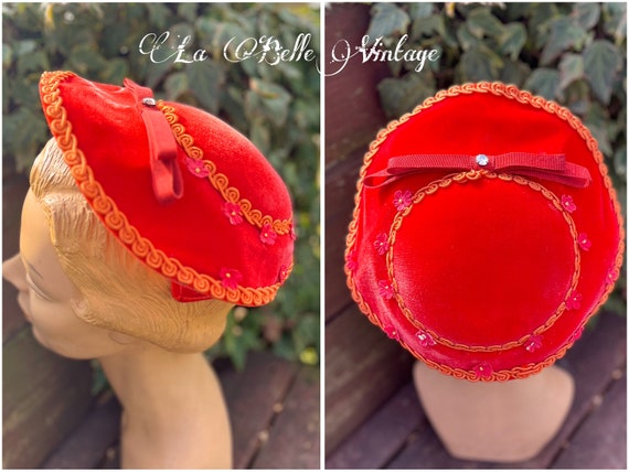 Coral Red Velvet Hat ~ Vintage 1950s Tiny Floral & Ribbon  display picture 2