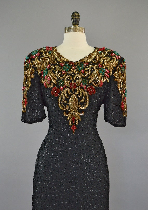 Colorful Sequin Cocktail Dress L Vintage Black Be… - image 3