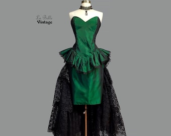 Vintage Gothic Bustier Dress ~ Emerald Green Taffeta & Black Lace Bustle Gown ~ 1980s Loralie Originals ~ Strapless Prom Party Dress ~ NWT