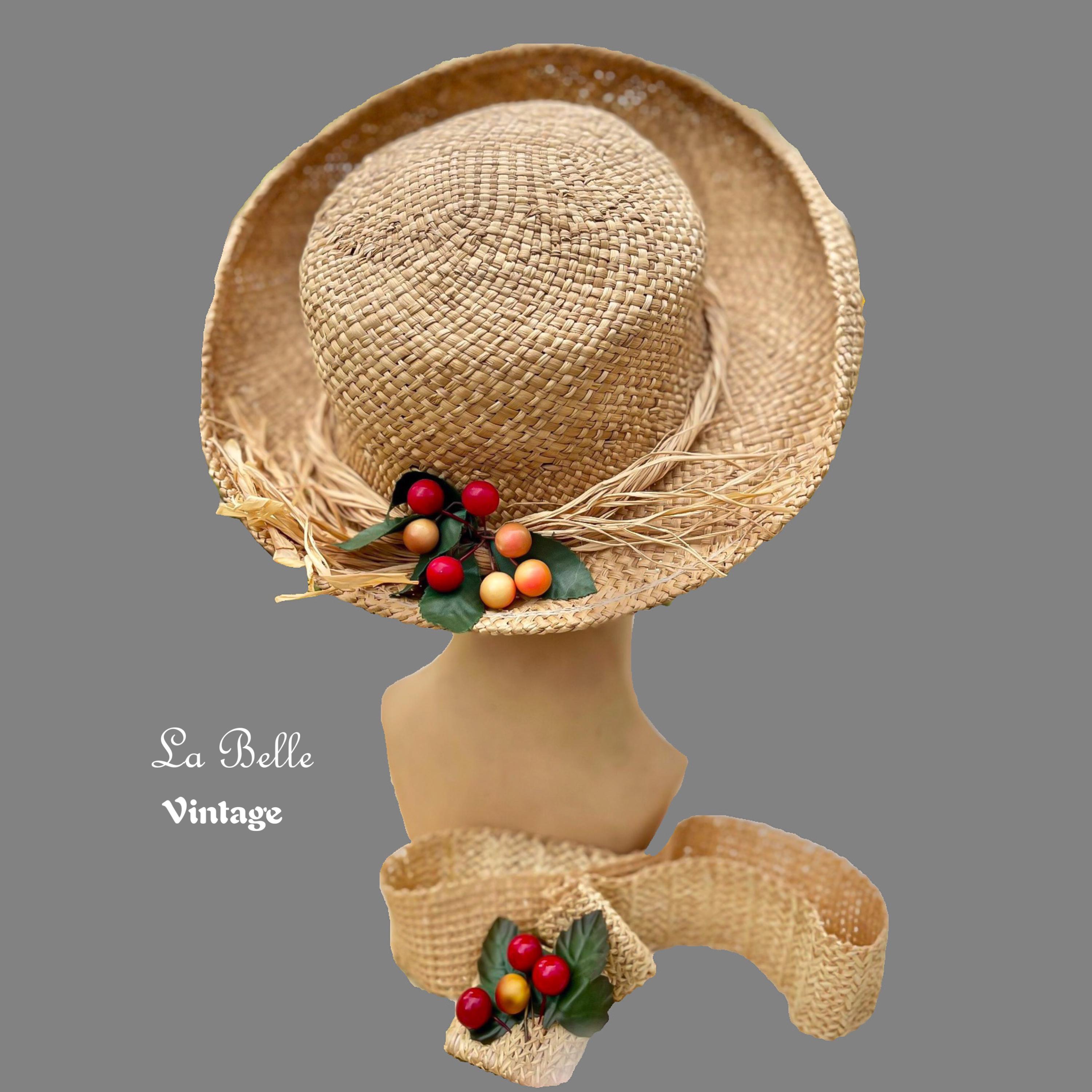 Novelty Fruit Breton Hat & Belt Set ~ Vintage Tan Straw  display picture 3