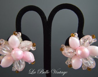 Pink Beaded Flowers Vintage 1950s Cluster Clip Back Earrings ~ Western Germany