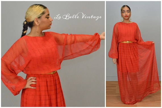 Victor Costa Vintage Red Sheer Maxi Party Dress S… - image 1