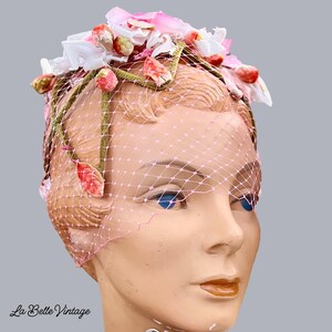 Montaldos Vintage 1960s Flower Tulle Veil Skull Cap Hat Pink Green Vintage 1960s Hat Label Is: Royce Exclusive Green Hat With  main image 3
