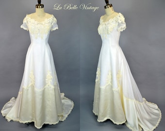 William Cahill Off Shoulder Wedding Dress XS ~ Vintage Guipure Lace Bridal Gown ~ Covertible Bustle/Train ~Matching Slip