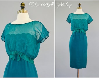 1950s Dark Cyan Lace Illusion Silk Dress S ~ Vintage Neiman Marcus Hourglass Cocktail Dress