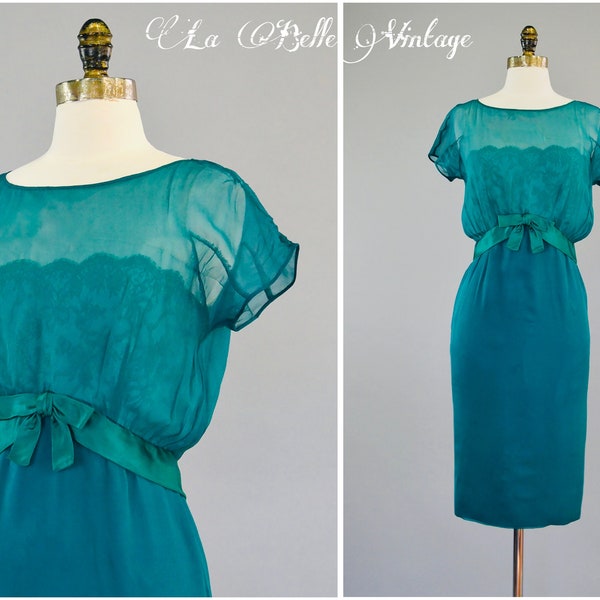 1950s Dark Cyan Lace Illusion Silk Dress S ~ Vintage Neiman Marcus Hourglass Cocktail Dress