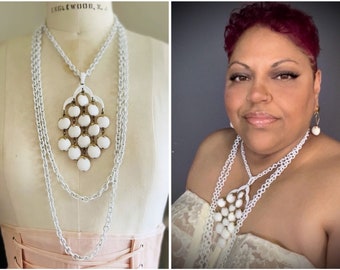 Trifari Waterfall Necklace Earrings Set ~ Vintage White Apples Tiered Bib Necklace