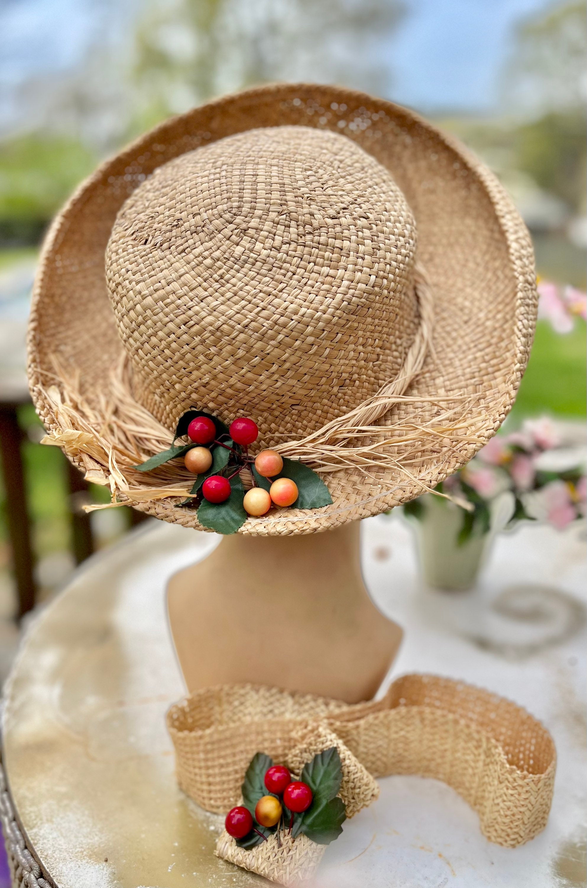 Novelty Fruit Breton Hat & Belt Set ~ Vintage Tan Straw  display picture 2