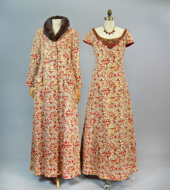 Exquisite 1960s Couture Brocade Gown & Opera Coat Set ~ Vintage Beaded Evening Dress with Fur Trim Red and Gold S M