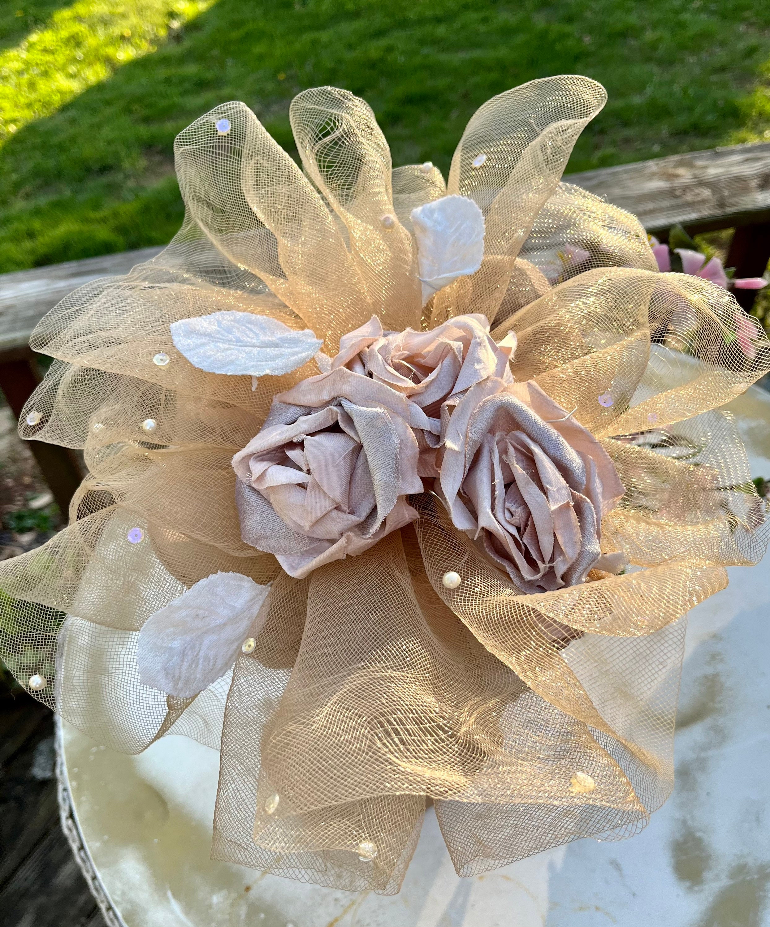 Whittall & Shon Ivory Pillbox Hat with Tulle Bow and Pearl Trim Huge Tulle Bow Pillbox Hat ~ Whittall & Shon Velvet Flowers  main image 2