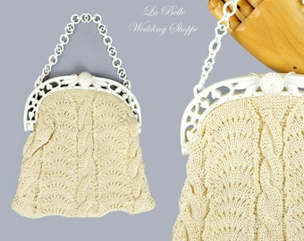 1940s Crochet Purse ~ Vintage Ivory Handmade Gimp Corde Knit Wedding Handbag