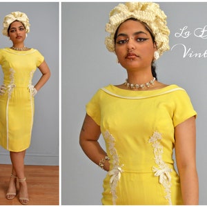 Peggy Hunt Linen Sheath XS S Vintage 1960s Lemon Yellow Dress Venise Lace & Bow Details image 1