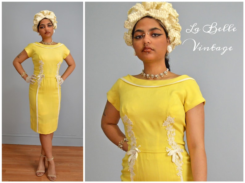 Peggy Hunt Linen Sheath XS S Vintage 1960s Lemon Yellow Dress Venise Lace & Bow Details image 1