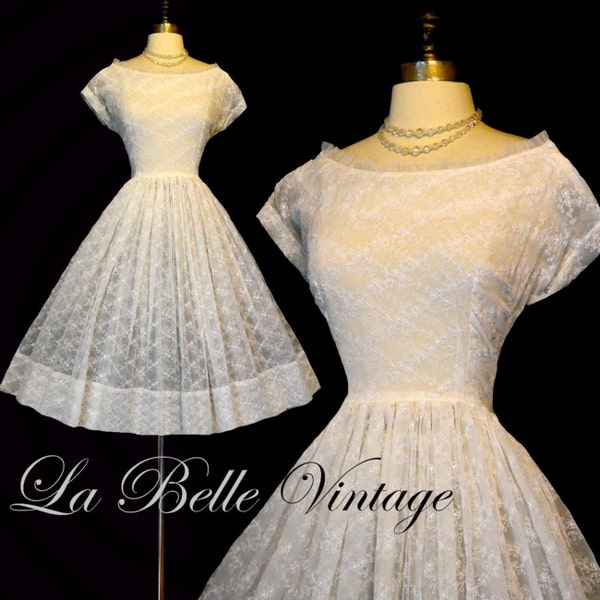 Vintage 50s Sheer White Wedding Dress S ~ Lattice Embroidered Chiffon ~ Ruffled Tulle Neckline