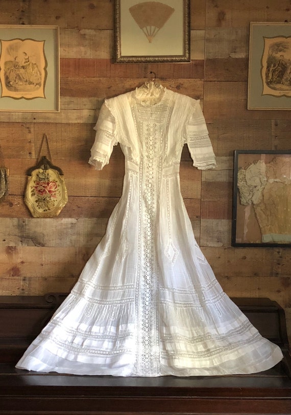 Antique Sheer Dress XS ~ Edwardian White Cotton Batiste Gown ~ Embroidered Floral Eyelet & Valenciennes Lace Antique Sheer Dress XS ~ Edwardian White Cotton Batiste Gown ~ Embroidered Floral Eyelet & Valenciennes Lace