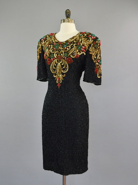 Colorful Sequin Cocktail Dress L Vintage Black Be… - image 5