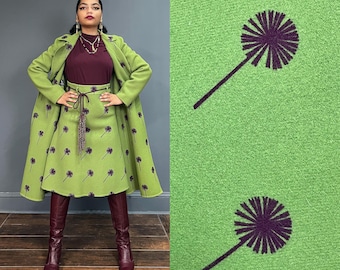 Traje de lana con estampado novedoso de los años 70 ~ Conjunto de abrigo swing y falda acampanada con estampado de diente de león verde XS S