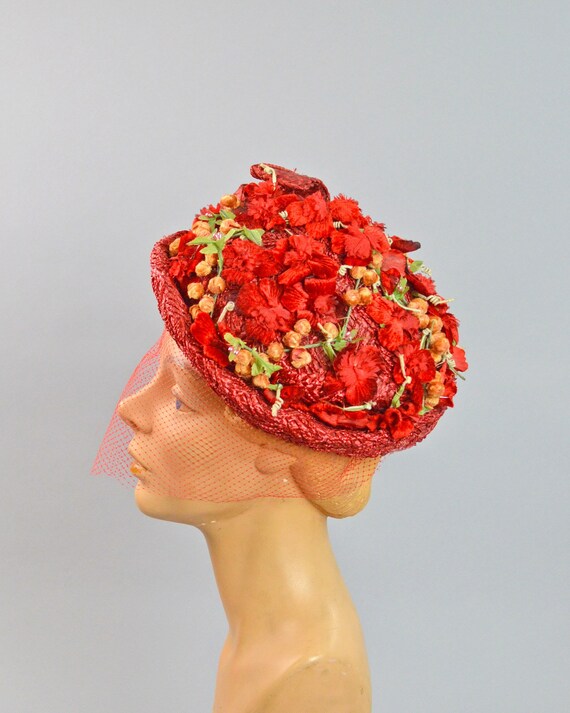 Red Velvet Berries Hat ~ Vintage 50s Plaited Straw Floral Chapeau ~ Birdcage Veil ~ Ethel Frank of NY View 3