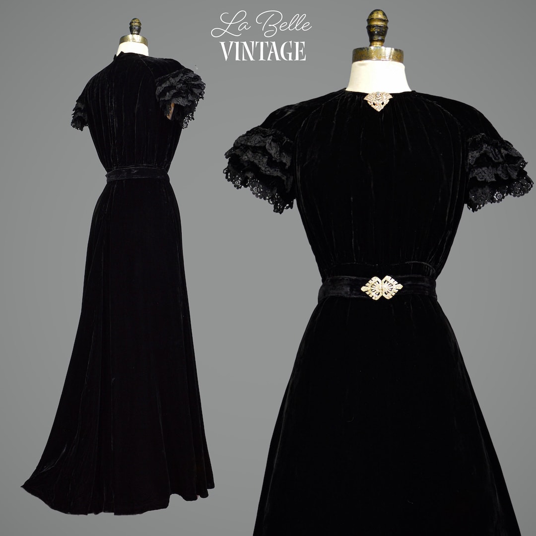 1930s Black Silk Velvet Evening Gown S M ~ Vintage Rhinestone Buckle ...