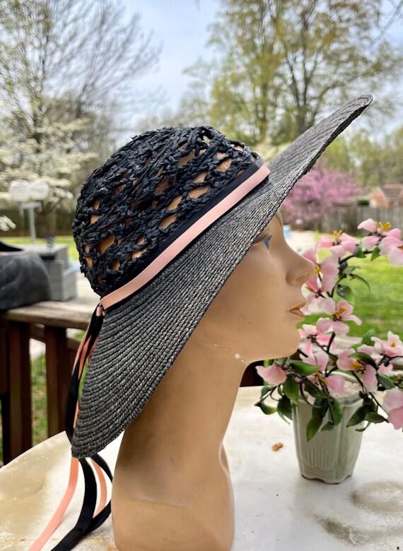 1950s Wide Brim New Look Sun Hat ~ Vintage Black Straw Sheer  display picture 1